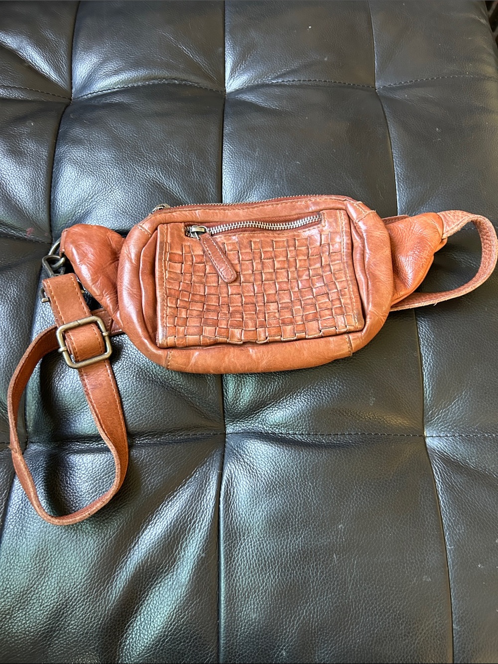 Leather Woven Front Belt Bag - Brown